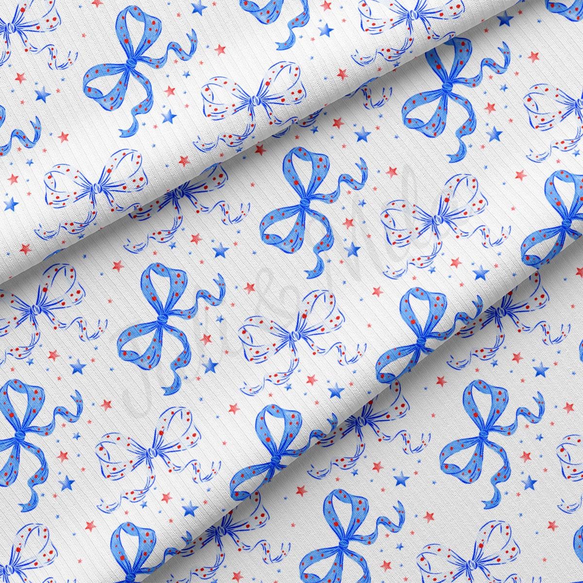 a white background with blue and red bows and stars