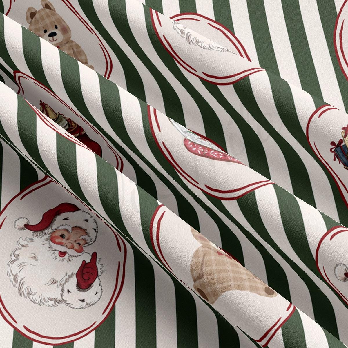 The image is a close-up of a fabric with a striped pattern, featuring various Christmas-themed illustrations such as Santa Claus, teddy bears, and other holiday decorations.