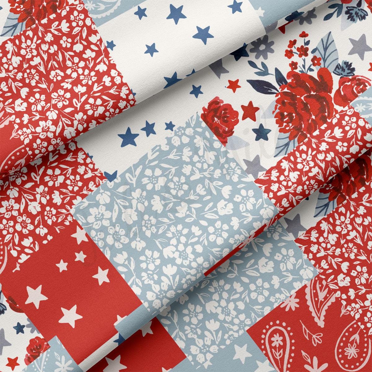 a red, white and blue fabric with stars and flowers