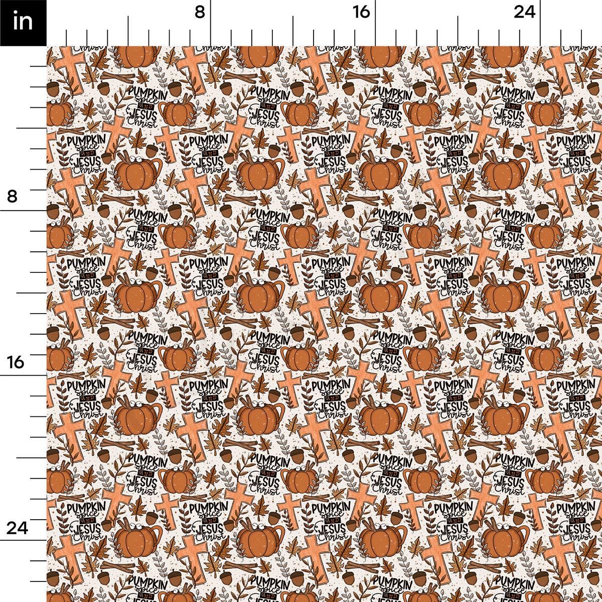 a repeating pattern of Halloween-themed elements, including pumpkins, crosses, leaves, and other fall-themed decorations. The pattern is designed to be visually appealing and festive, with the use of orange and brown colors creating a warm and inviting atmosphere.