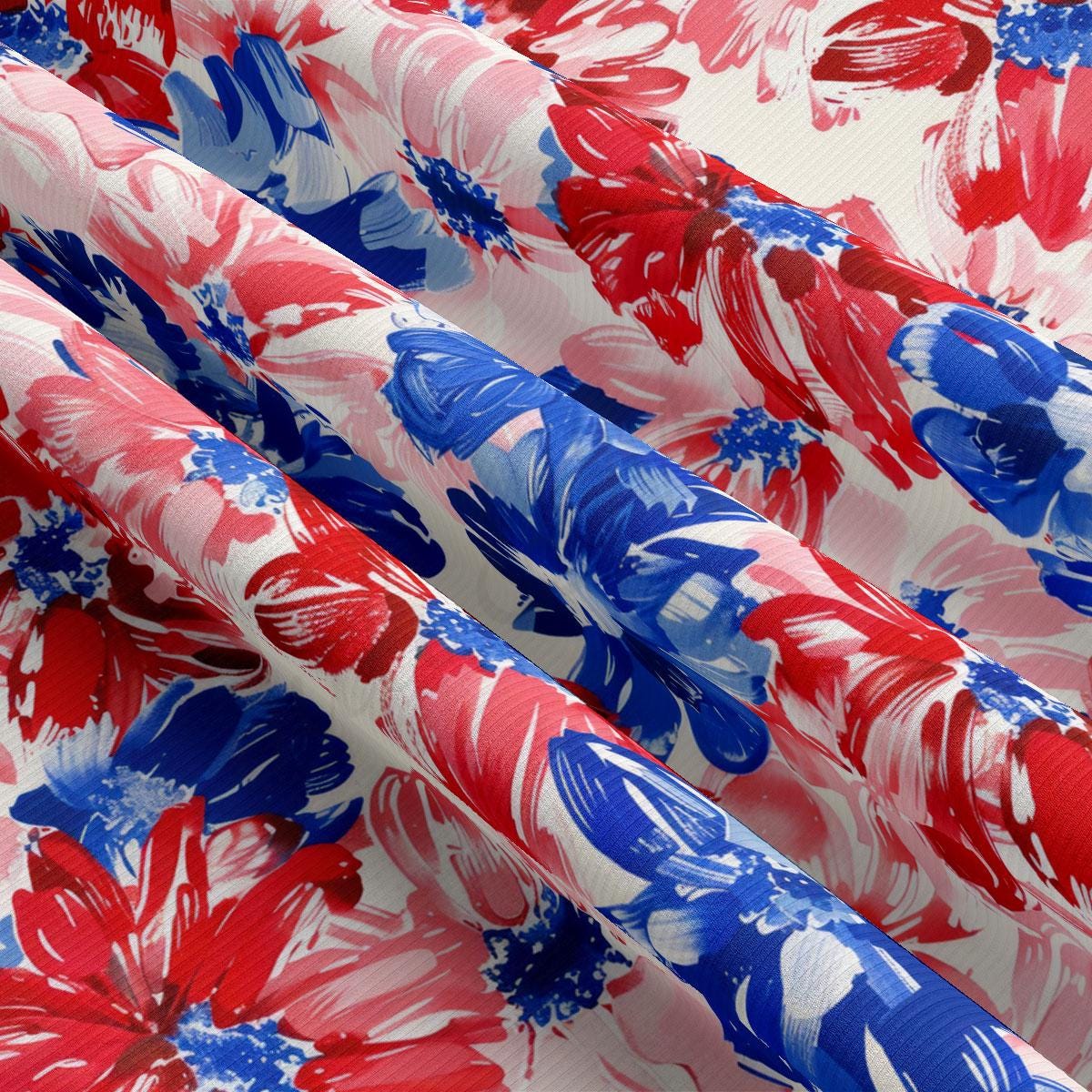 a red, white and blue flower print fabric