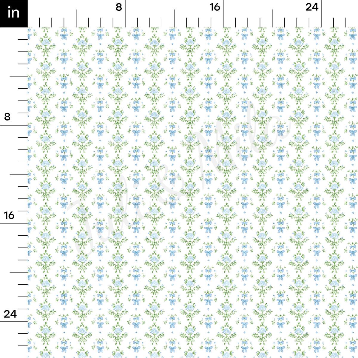 The image is a repeating pattern of blue and green floral designs on a white background.