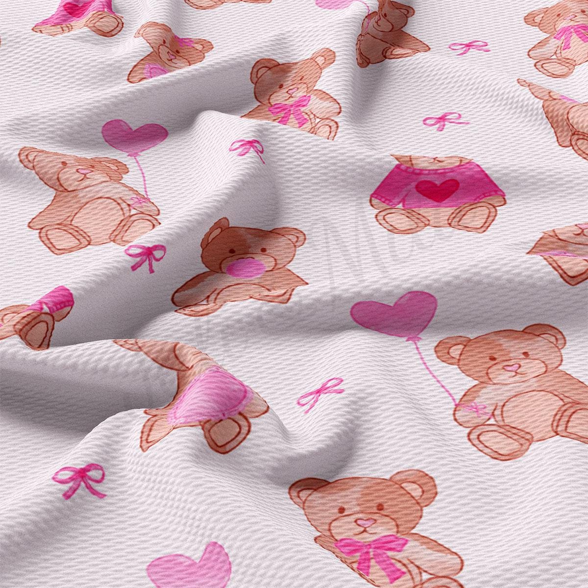 a pink and brown teddy bear print on a white background