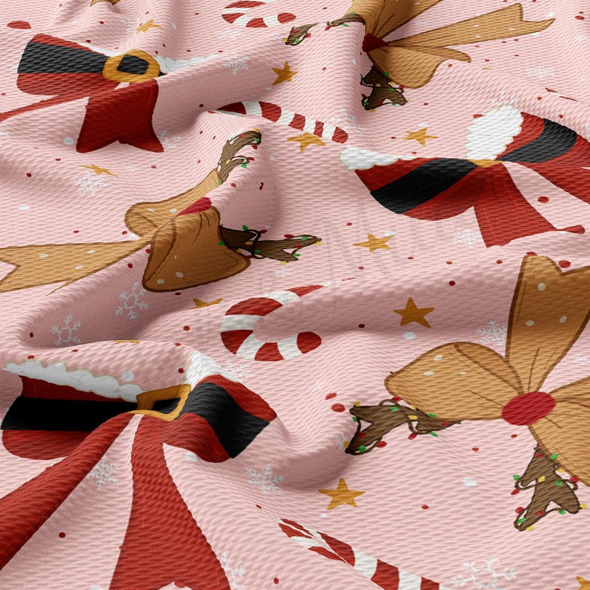 a close-up view of a fabric with a festive Christmas-themed pattern. The fabric is adorned with various Christmas-themed elements, including bows, snowflakes, and stars. The overall design is vibrant and cheerful, with a mix of red, brown, and white colors that create a festive atmosphere.
