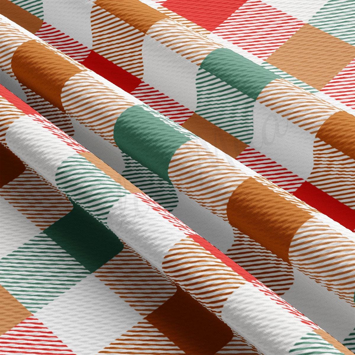 a close-up view of a fabric with a repeating pattern of red, white, and green stripes. The fabric appears to be made of a material with a textured surface, giving it a somewhat wrinkled appearance. The pattern repeats itself across the fabric, creating a visually striking and intricate design.