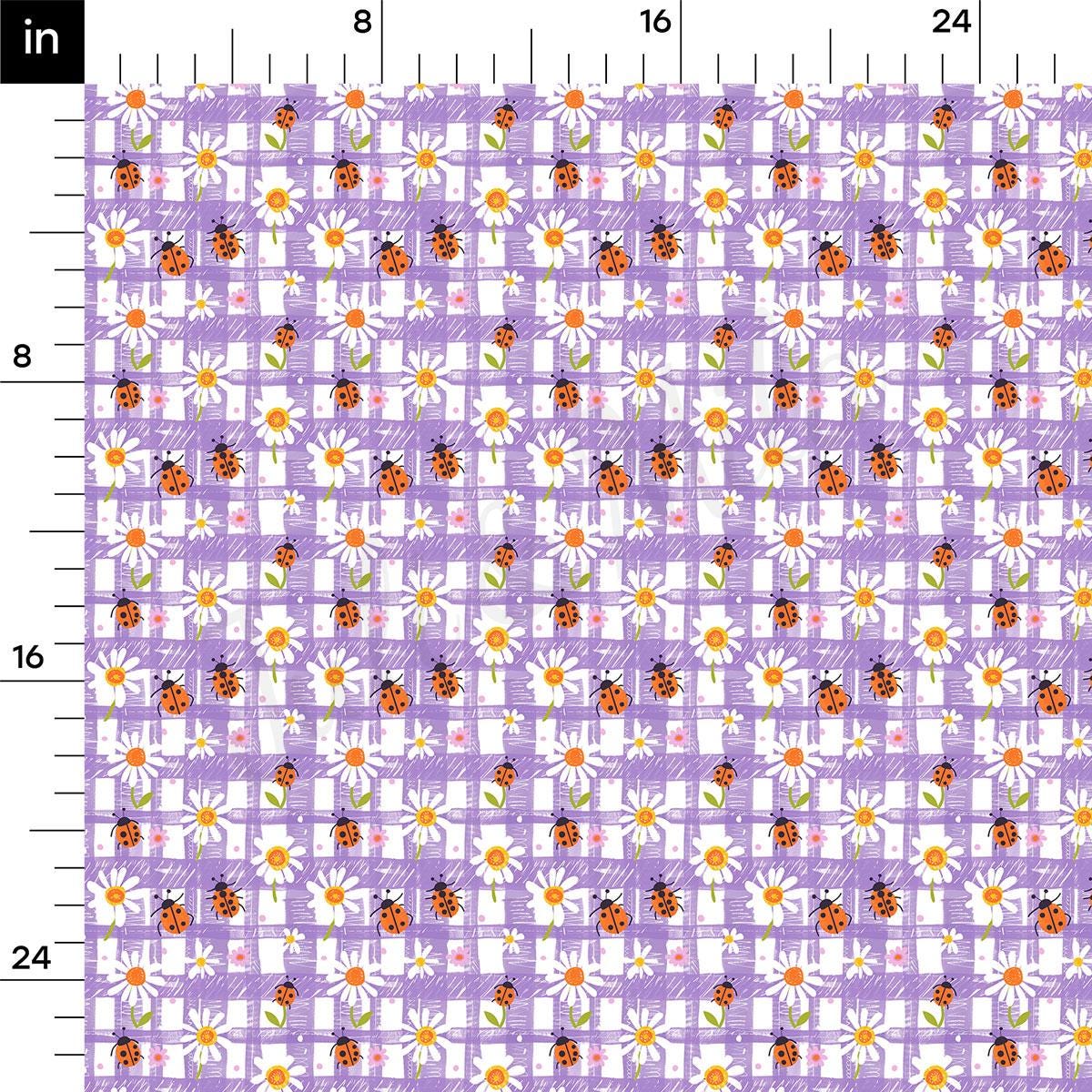 a purple and white plaid with ladybugs on it