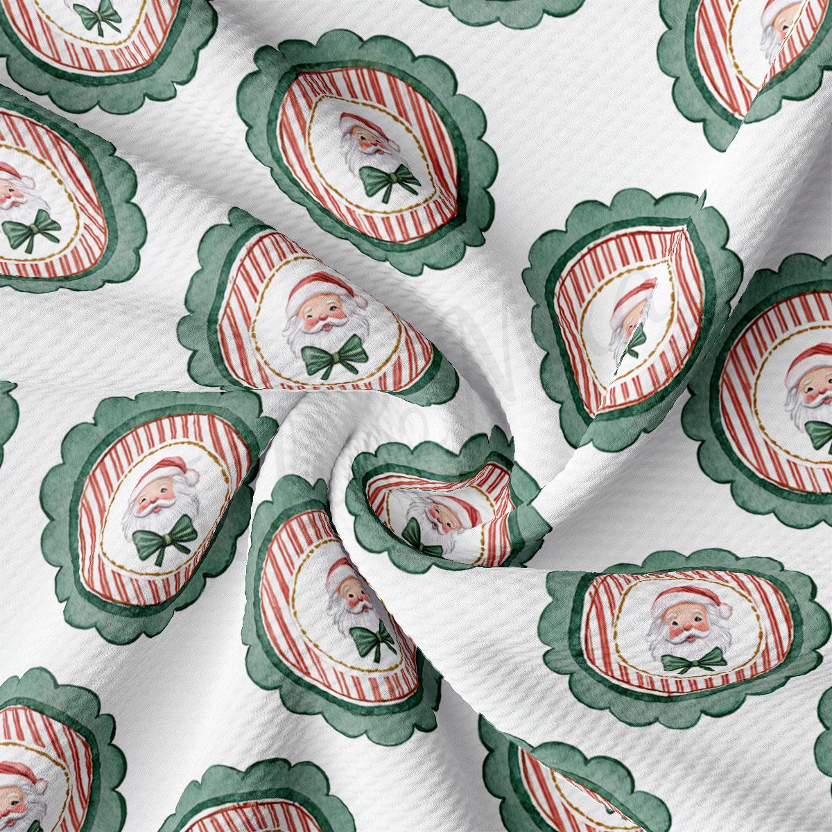 The image is a close-up of a fabric with a repeating pattern of Santa Claus faces and green scalloped edges.