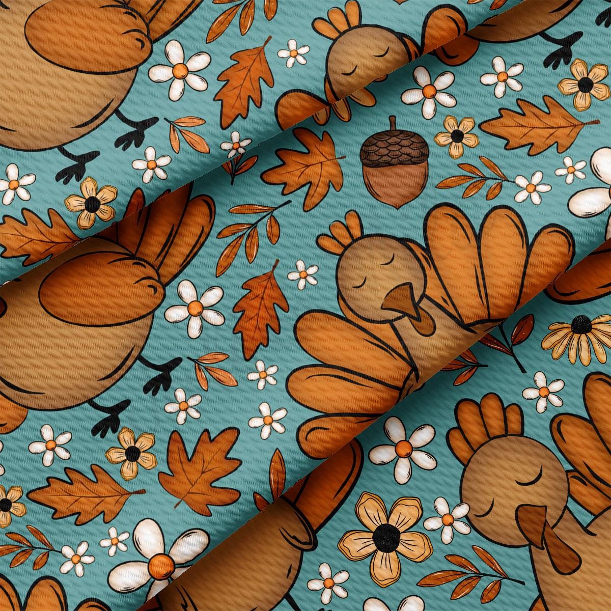 a vibrant and whimsical pattern of cartoon-style birds, flowers, and leaves in shades of orange, brown, and white against a teal background.