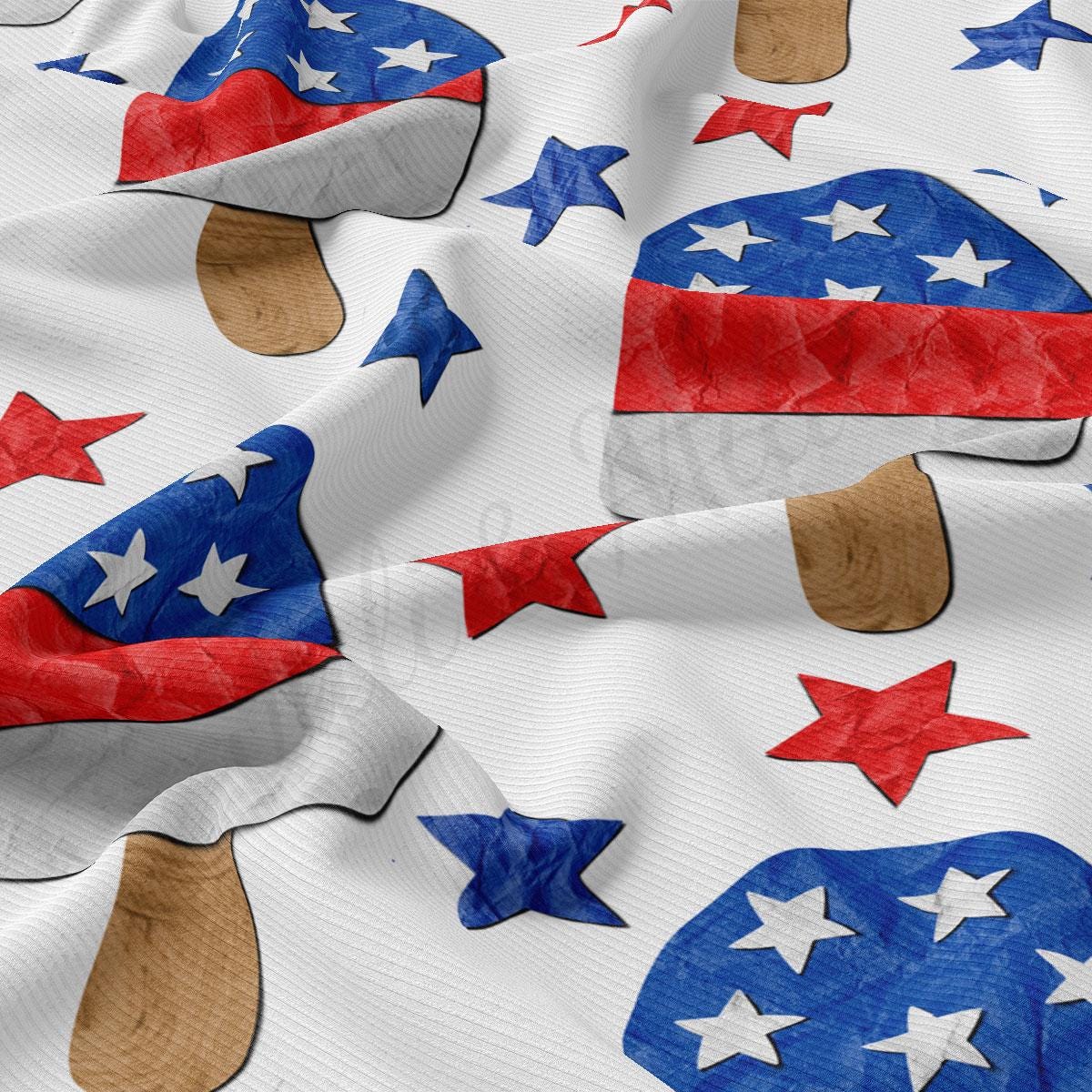 a white fabric with red, white, and blue designs