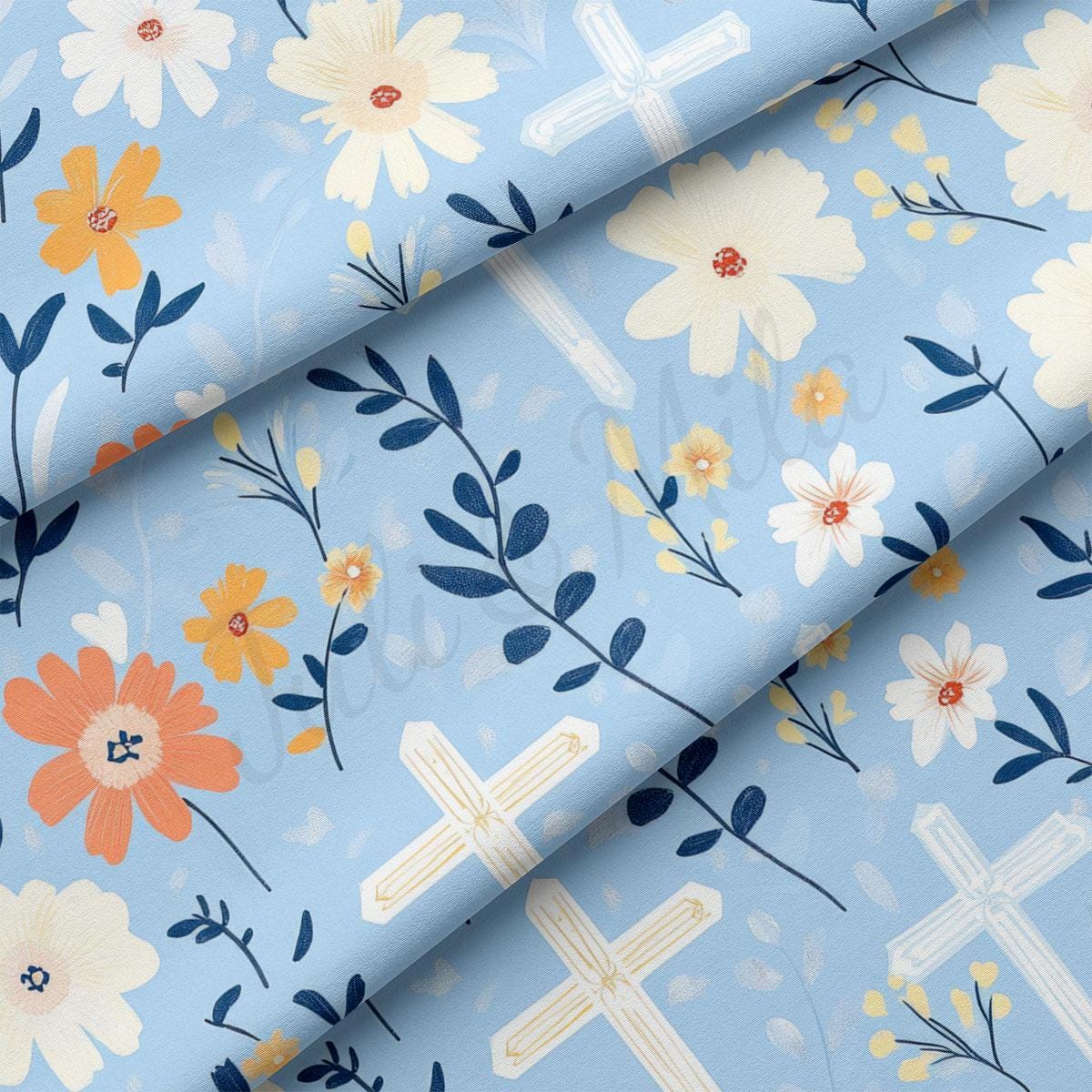 a blue background with flowers and a cross
