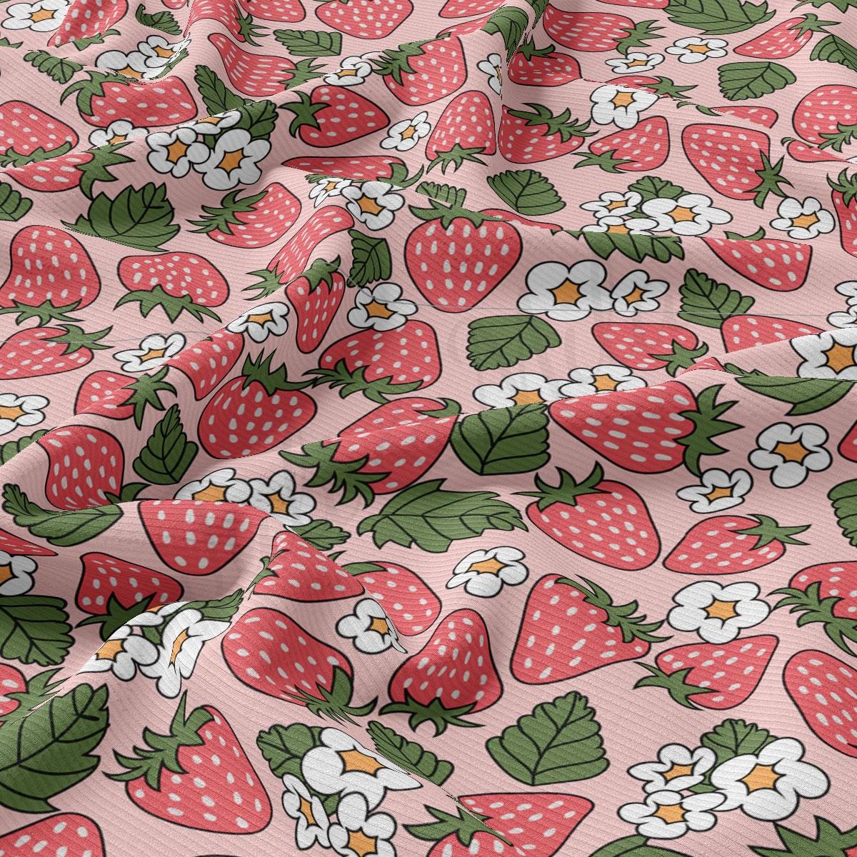 a pink background with strawberries and flowers