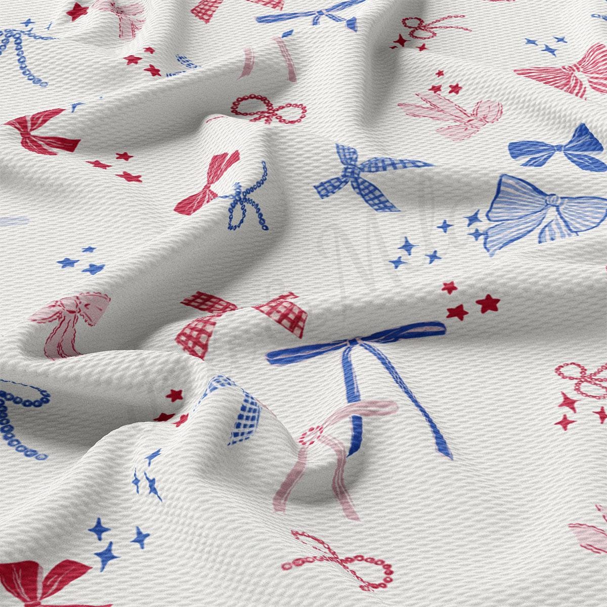 a white fabric with red, white and blue designs