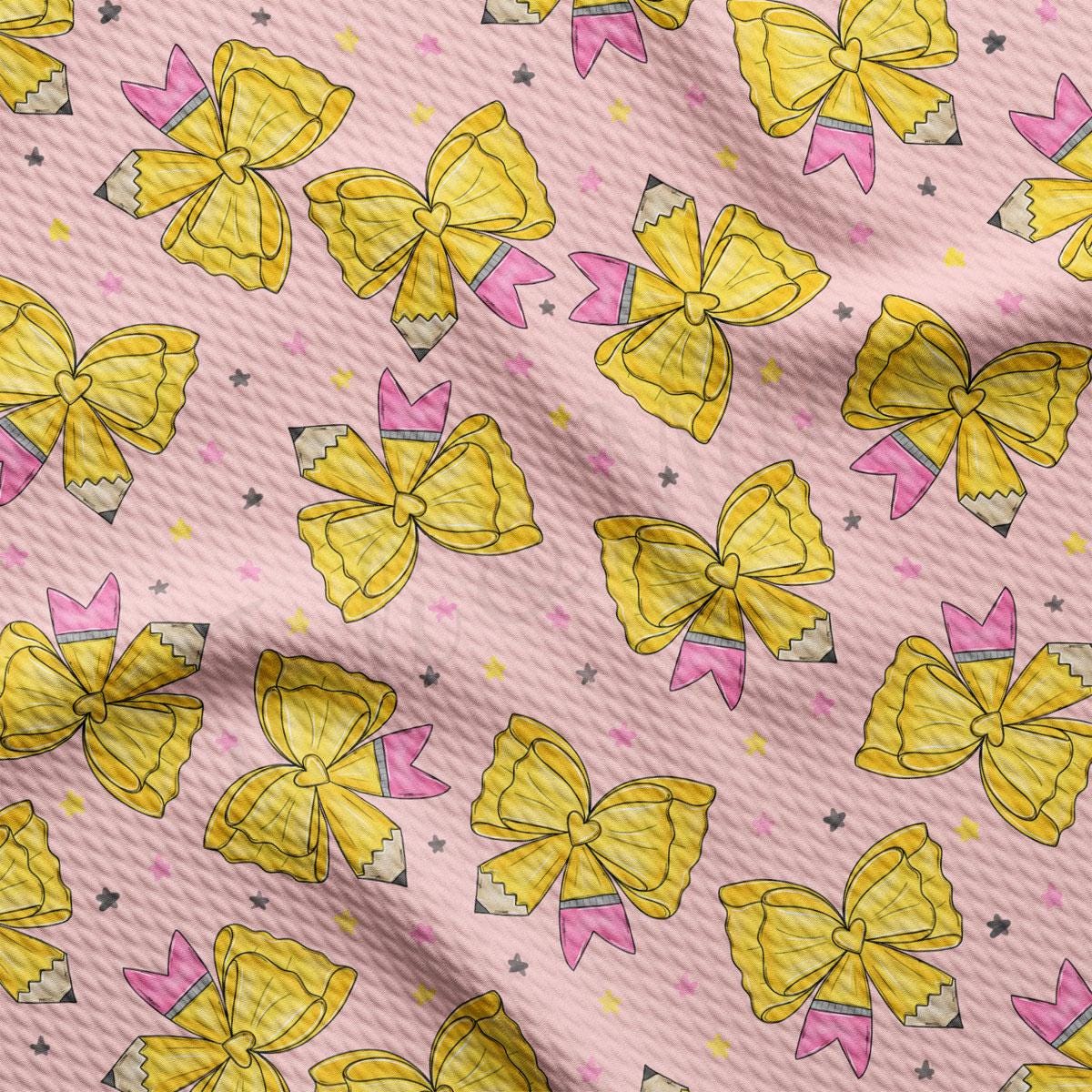 a repeating pattern of yellow bows and pencils on a pink background.