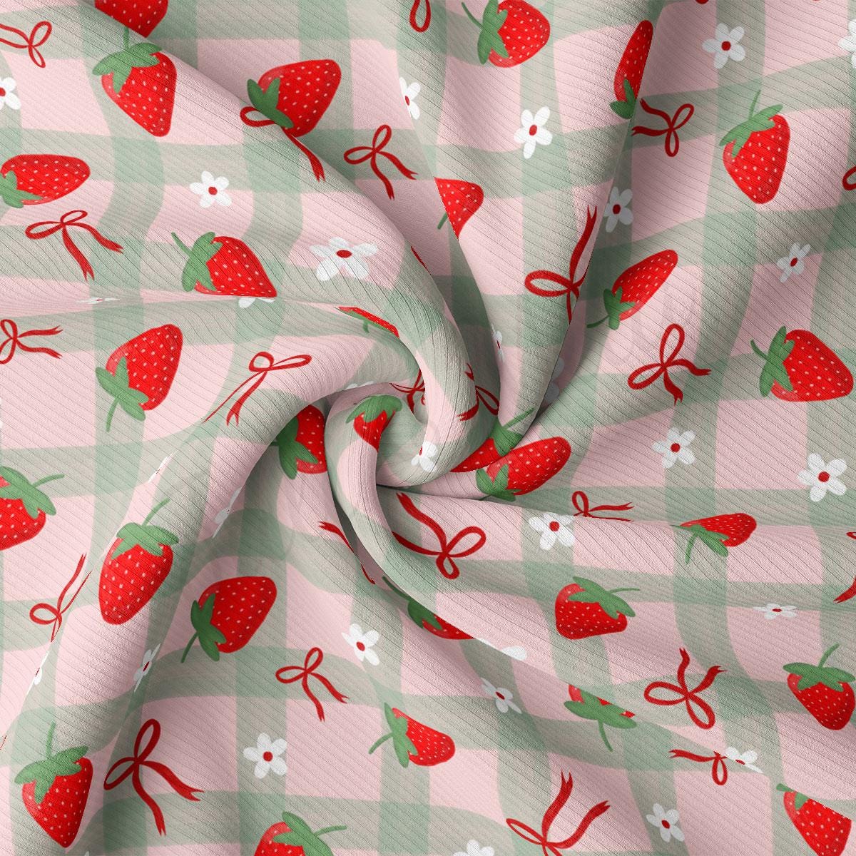 a pink and green checkered fabric with strawberries on it