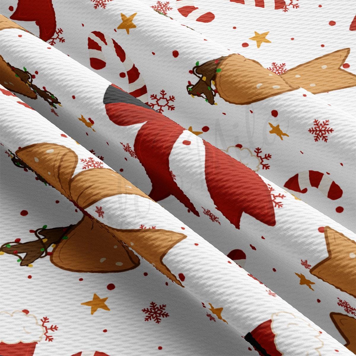 The image is a close-up of a fabric with a repeating pattern of Christmas-themed designs, including candy canes, snowflakes, and other festive elements.