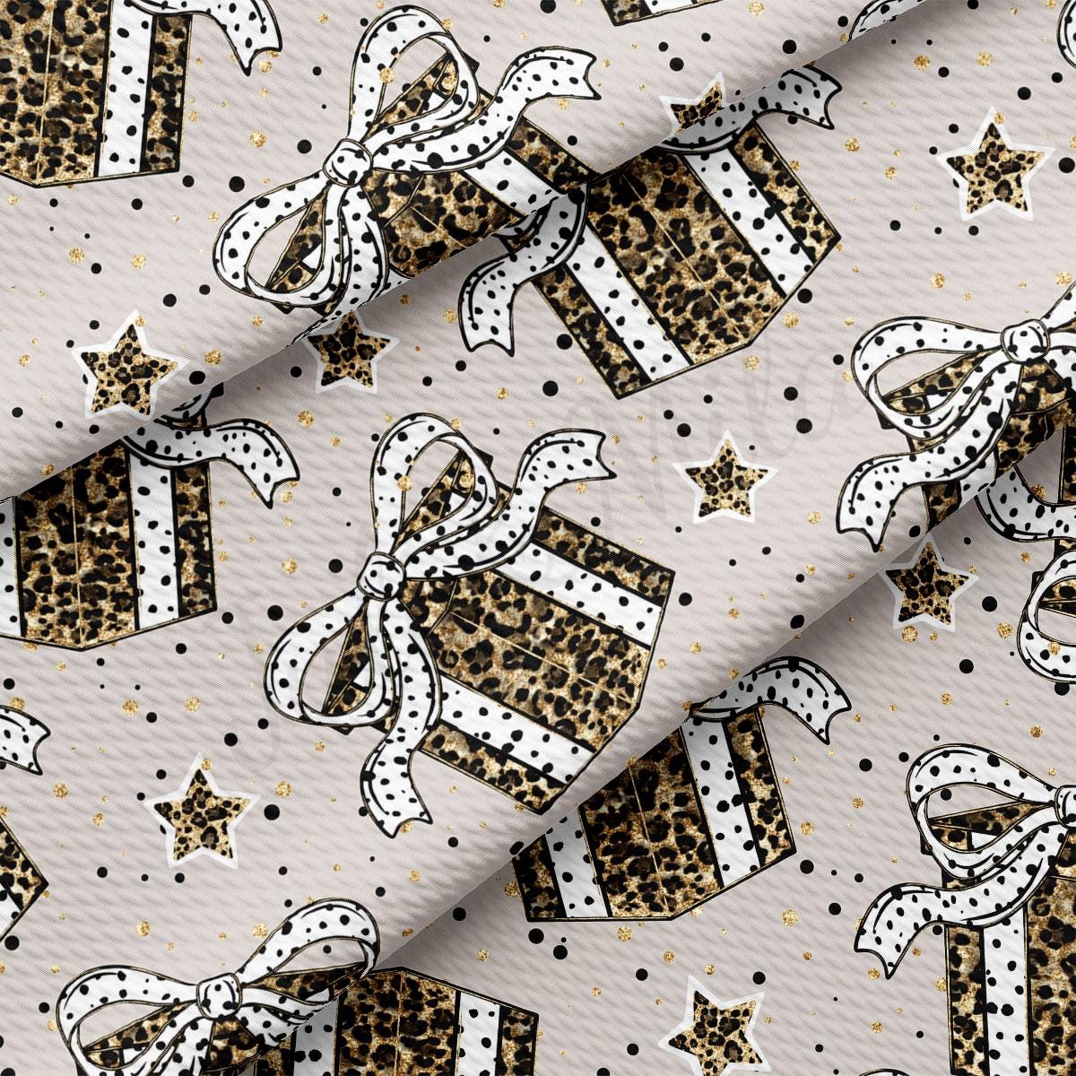 a repeating pattern of leopard print gift boxes with white bows and gold polka dots, along with scattered white stars.