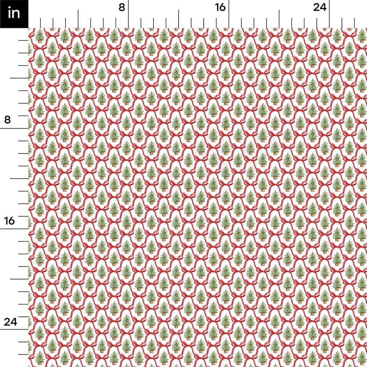 The image is a repeating pattern of Christmas trees on a red background, with the trees varying in size and color. The pattern is composed of a grid of small circles, each containing a tree, creating a visually appealing and festive design.