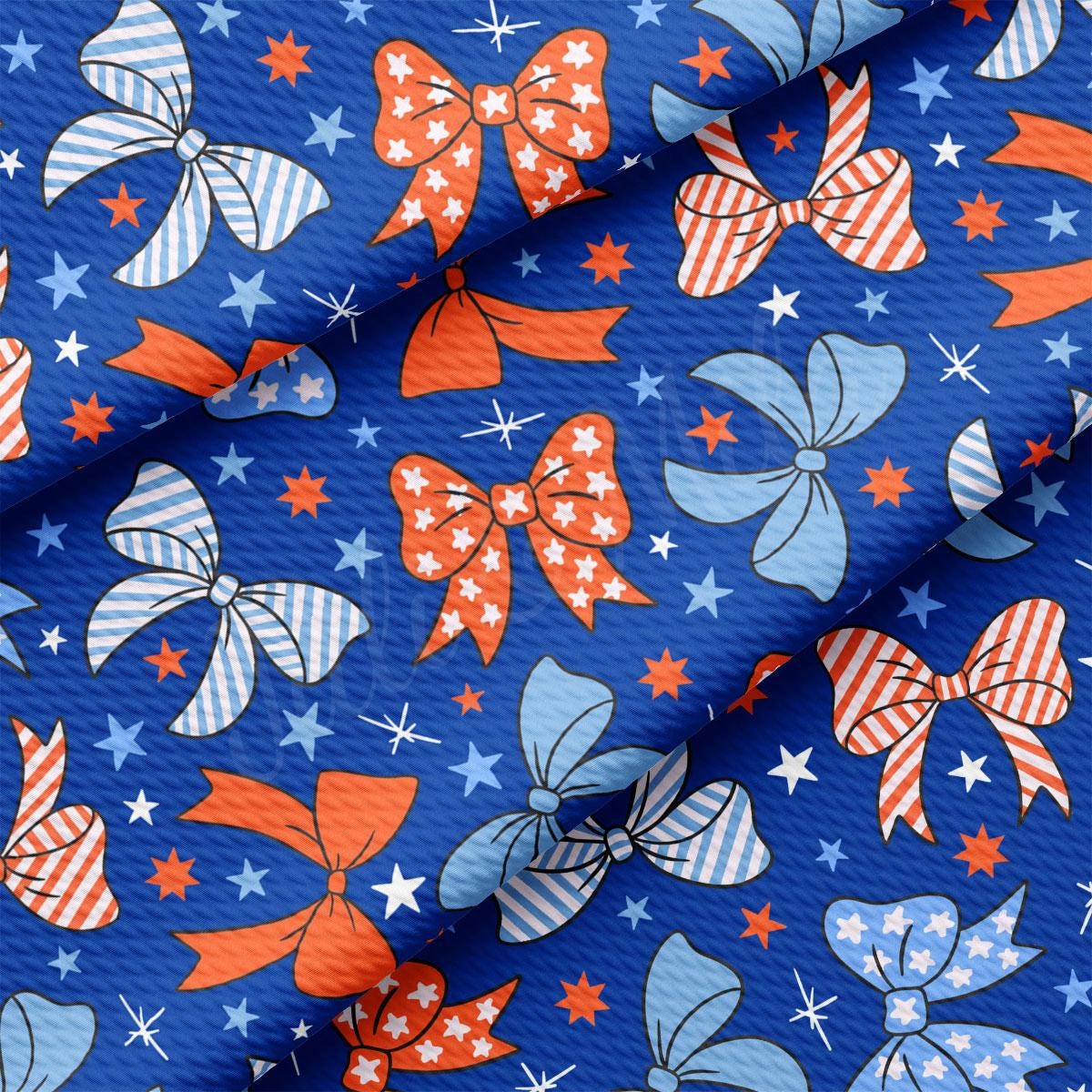 a blue background with red, white and blue bows