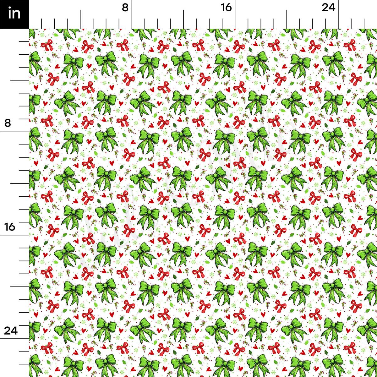 a repeating pattern of green bows and red hearts on a white background.