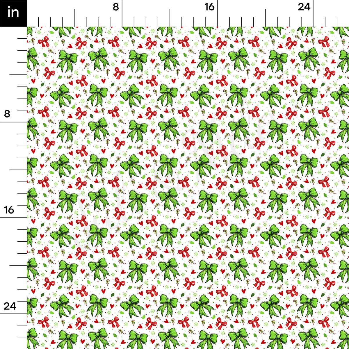 a repeating pattern of green bows and red hearts on a white background.