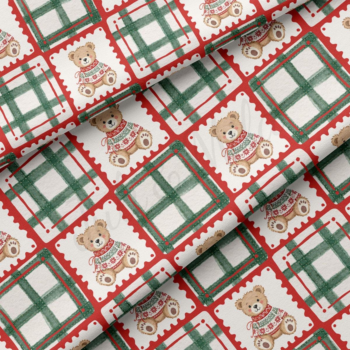 a repeating pattern of teddy bears wearing sweaters, arranged in a grid-like layout with red and green plaid borders.