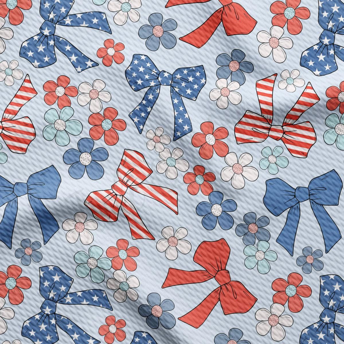 a pattern of red, white, and blue bows