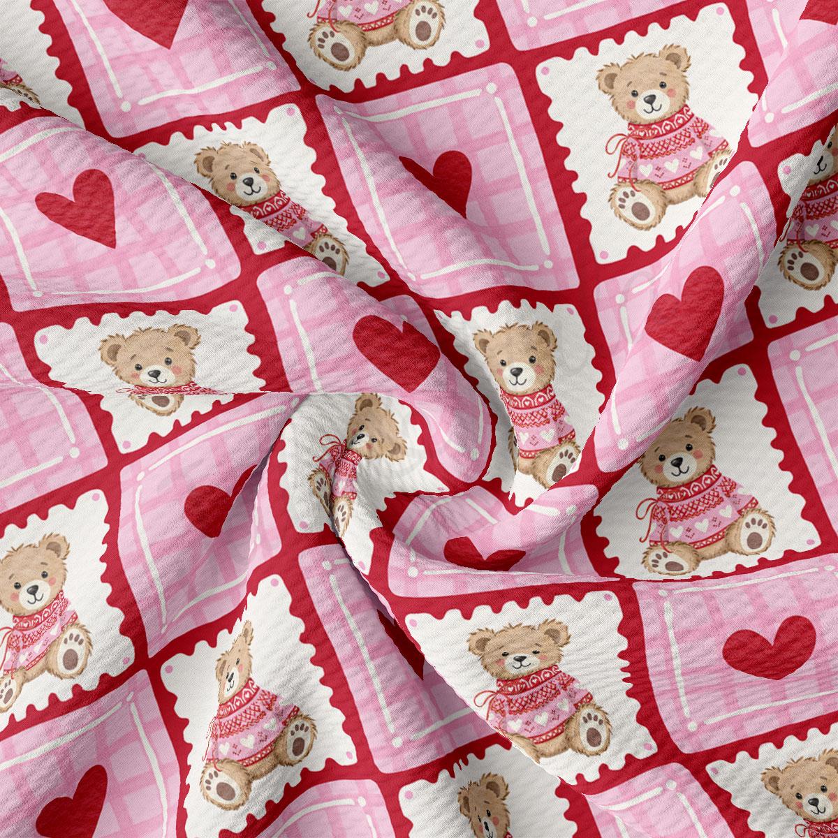 a fabric with a repeating pattern of pink and white teddy bears wearing red sweaters, along with red hearts.