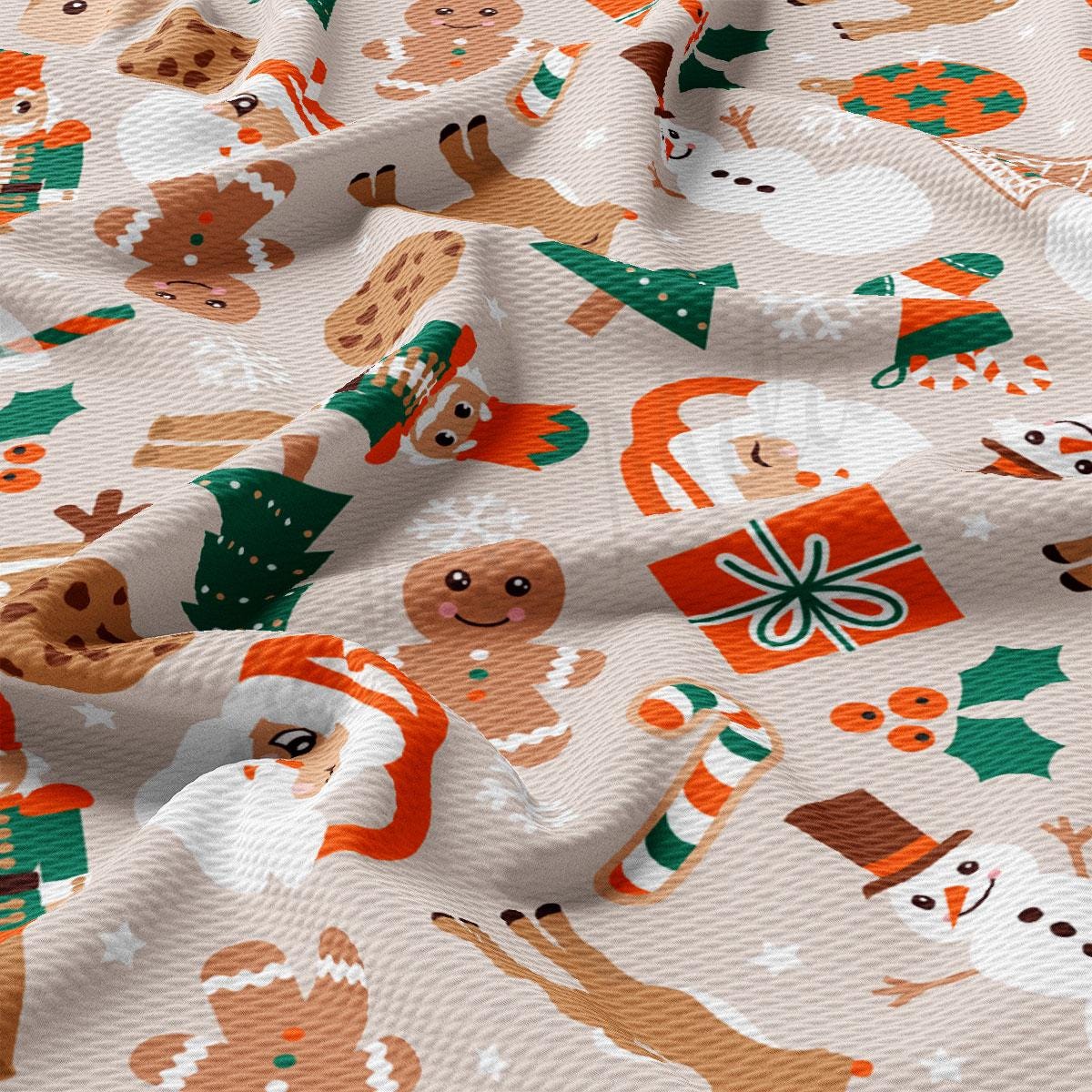 The image is a collage of various Christmas-themed illustrations, including gingerbread men, Santa Claus, a snowman, a holly bush, a candy cane, and a gift box.