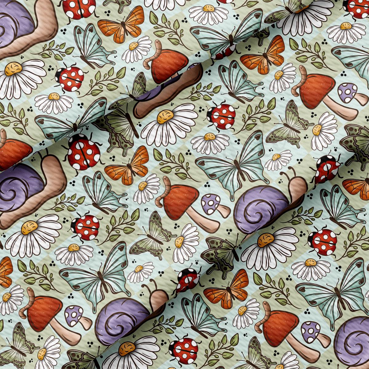 The image is a repeating pattern of various insects, flowers, and mushrooms on a light green background.