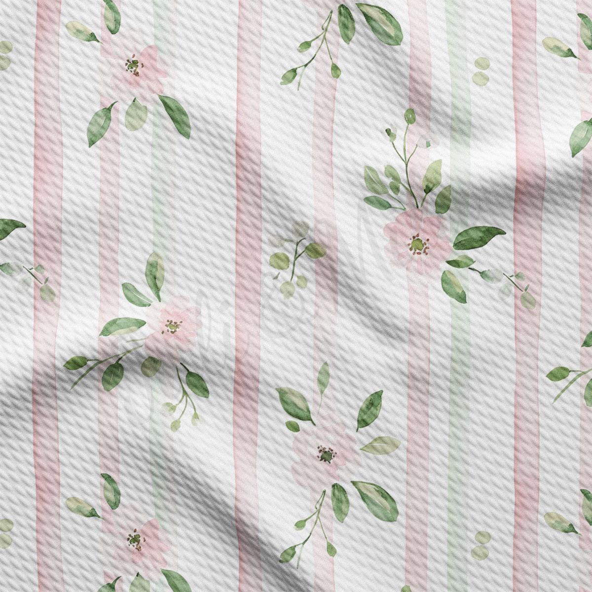 a repeating pattern of pink flowers and green leaves on a white background with pink and green stripes.