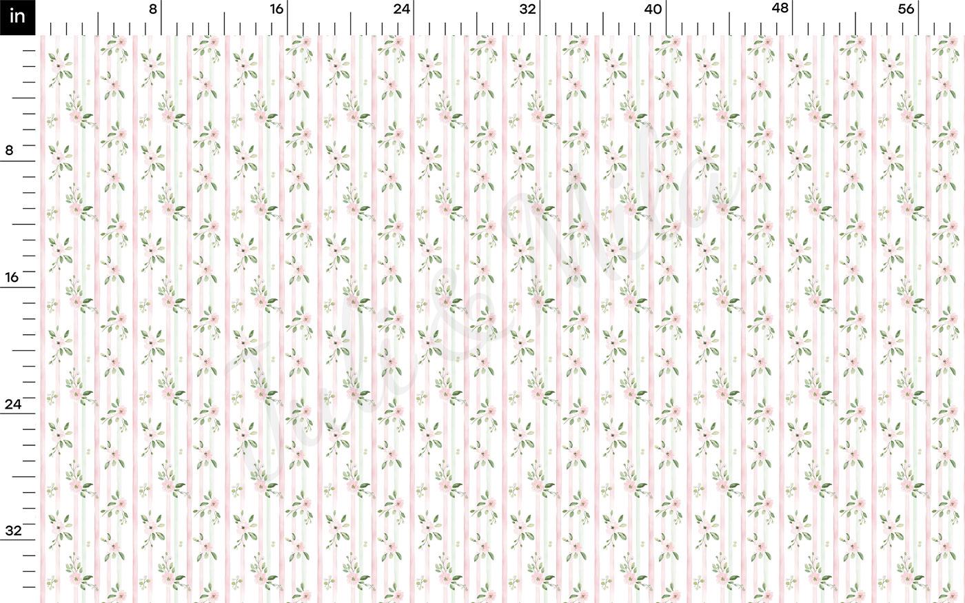 The image is a repeating pattern of pink and green stripes with small white flowers or leaves on them. The pattern is arranged in a grid-like fashion, with each row and column filled with the same design. The image does not contain any text or additional objects, and the pattern repeats itself throughout the entire image.