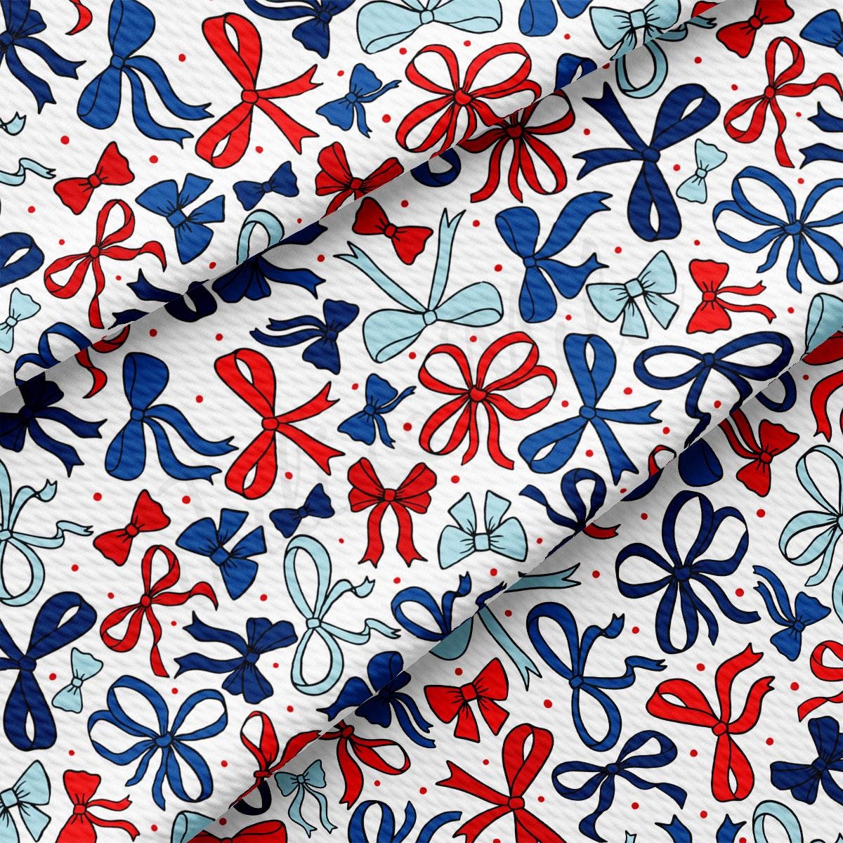 a red, white, and blue pattern of bows on a white background