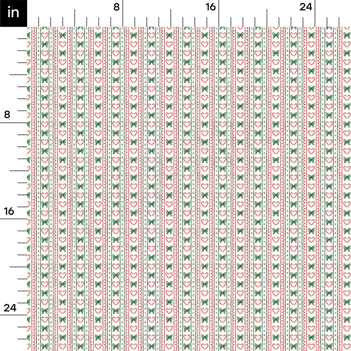 The image is a repeating pattern of red and green stripes with white hearts, arranged in a grid-like fashion. The pattern is designed to resemble a fabric or textile, and it is described as a "fabric with a repeating pattern of red and green stripes and white hearts". The image is not a single photograph but a collection of images that have been combined to create this pattern.