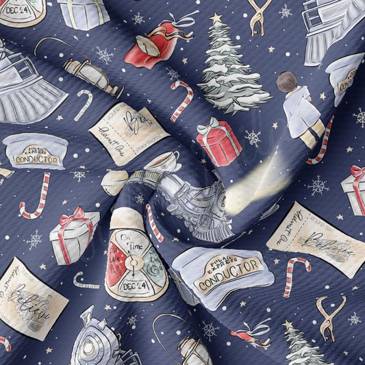 The image is a close-up of a fabric with a repeating pattern of Christmas-themed illustrations, including a Christmas tree, candy canes, gift boxes, and other festive elements.