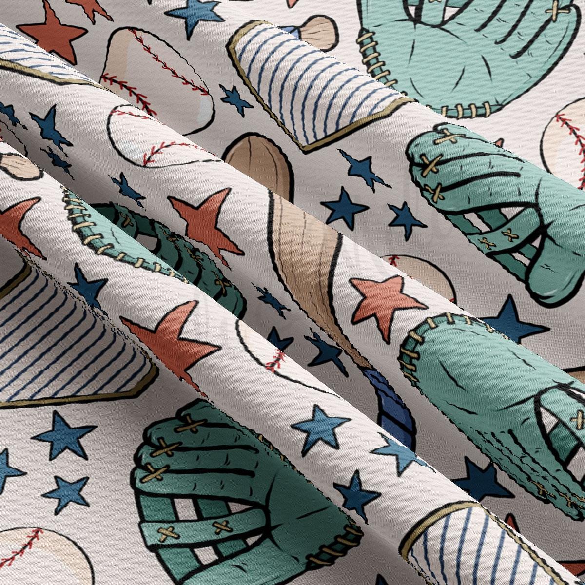 a close up of a pattern of baseballs and stars