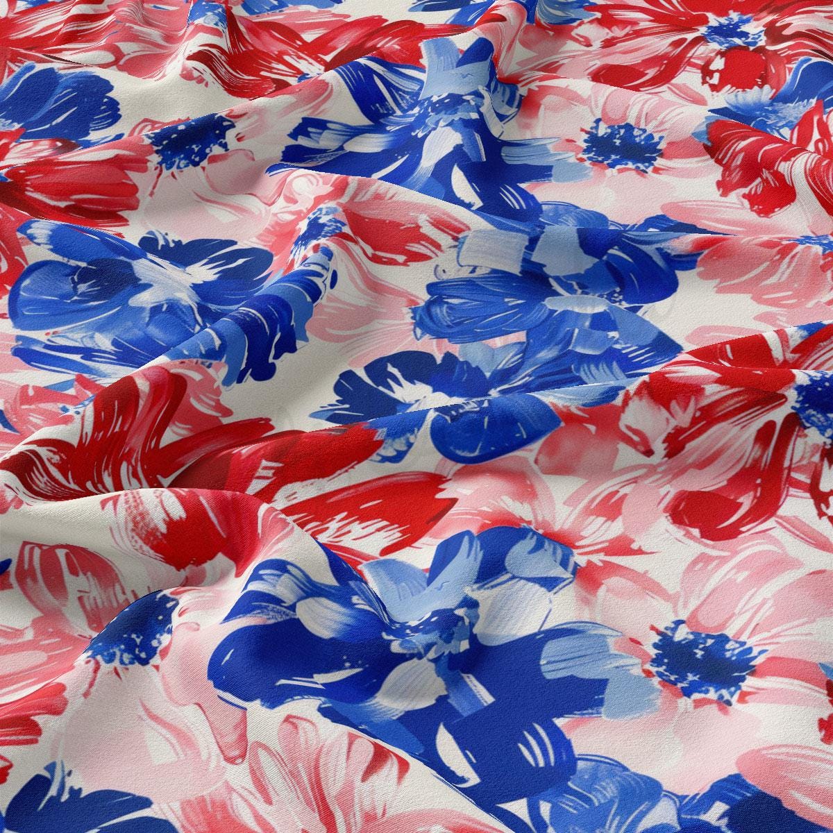 a red, white, and blue flower print fabric