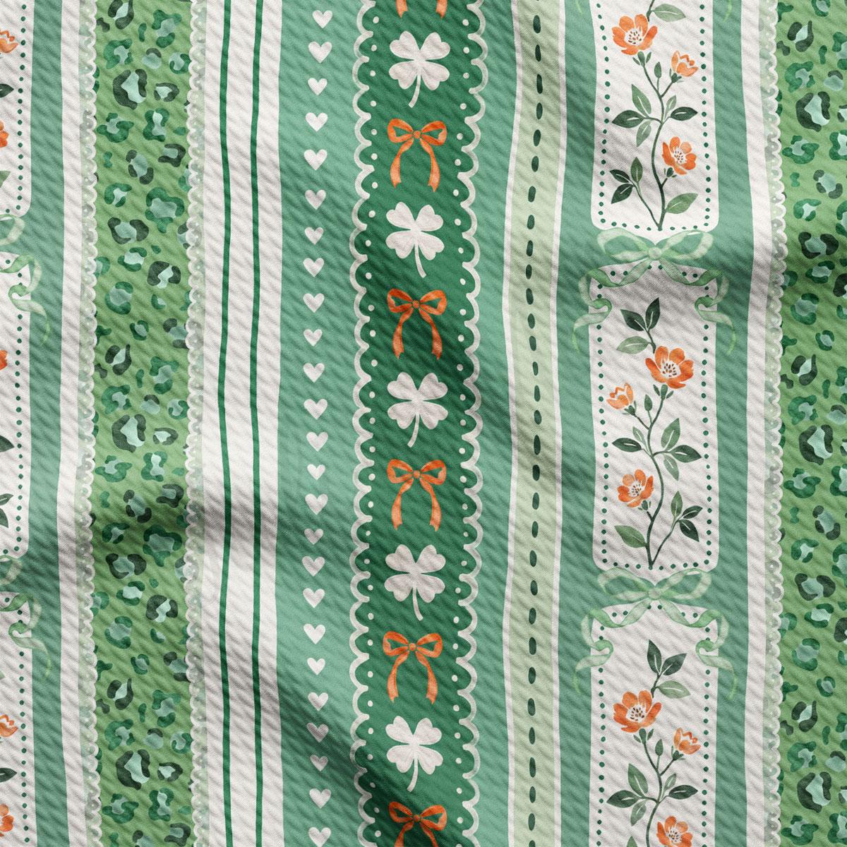 a vibrant and colorful pattern with various stripes, flowers, and geometric shapes in shades of green, white, and orange.