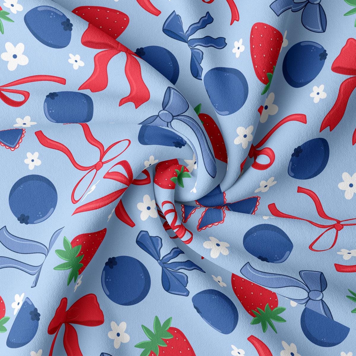 a blue fabric with red, white and blue designs
