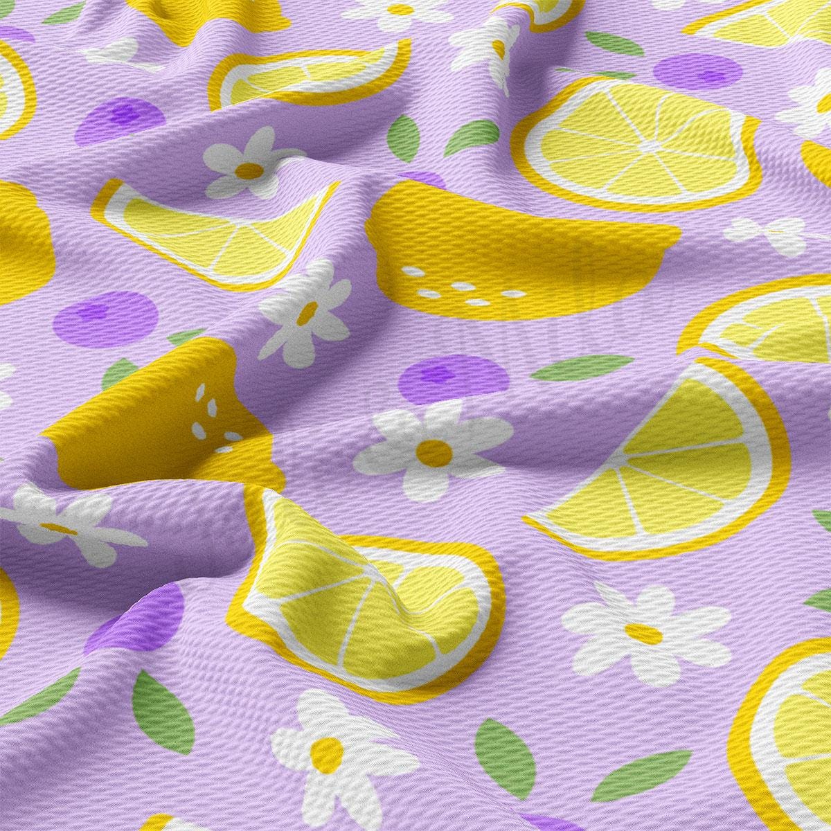 a pattern of lemons and flowers on a purple background