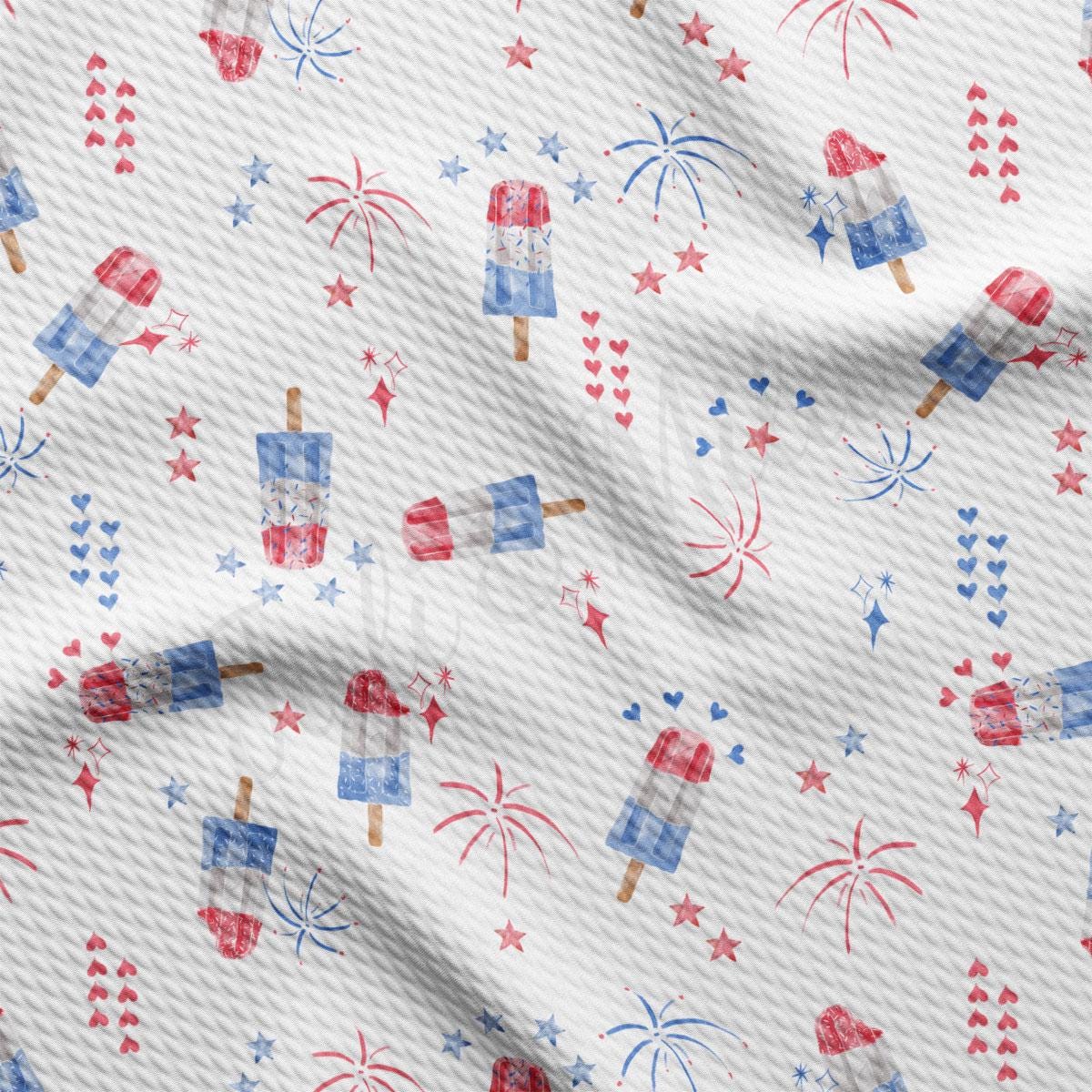 a white background with red, white, and blue fireworks