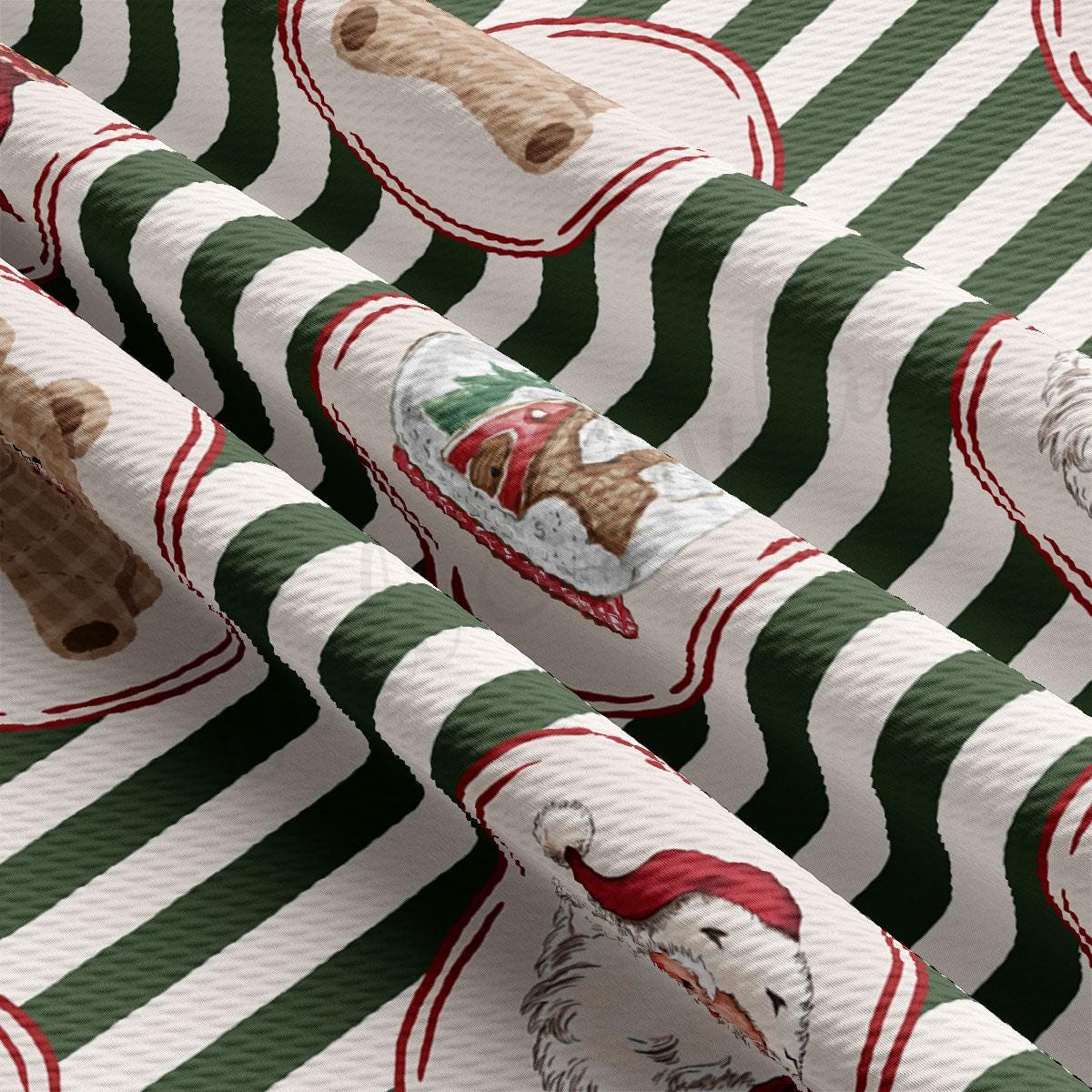 The image is a close-up of a fabric with a repeating pattern of green and white stripes, along with various holiday-themed illustrations such as a teddy bear, a snowman, and a Santa hat.