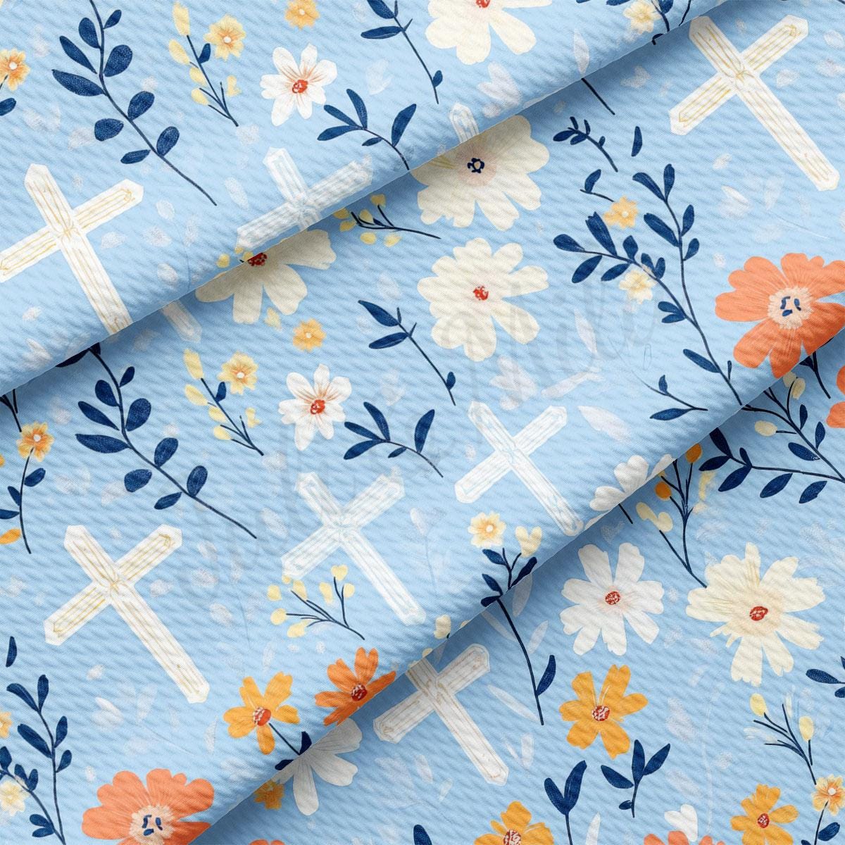 a blue background with flowers and crosses