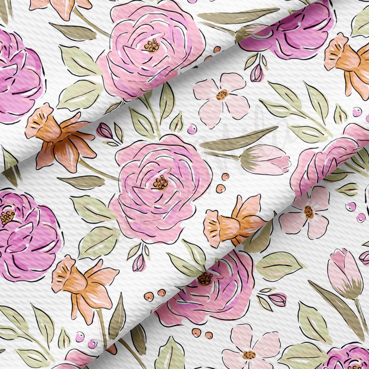 a white background with pink flowers and green leaves