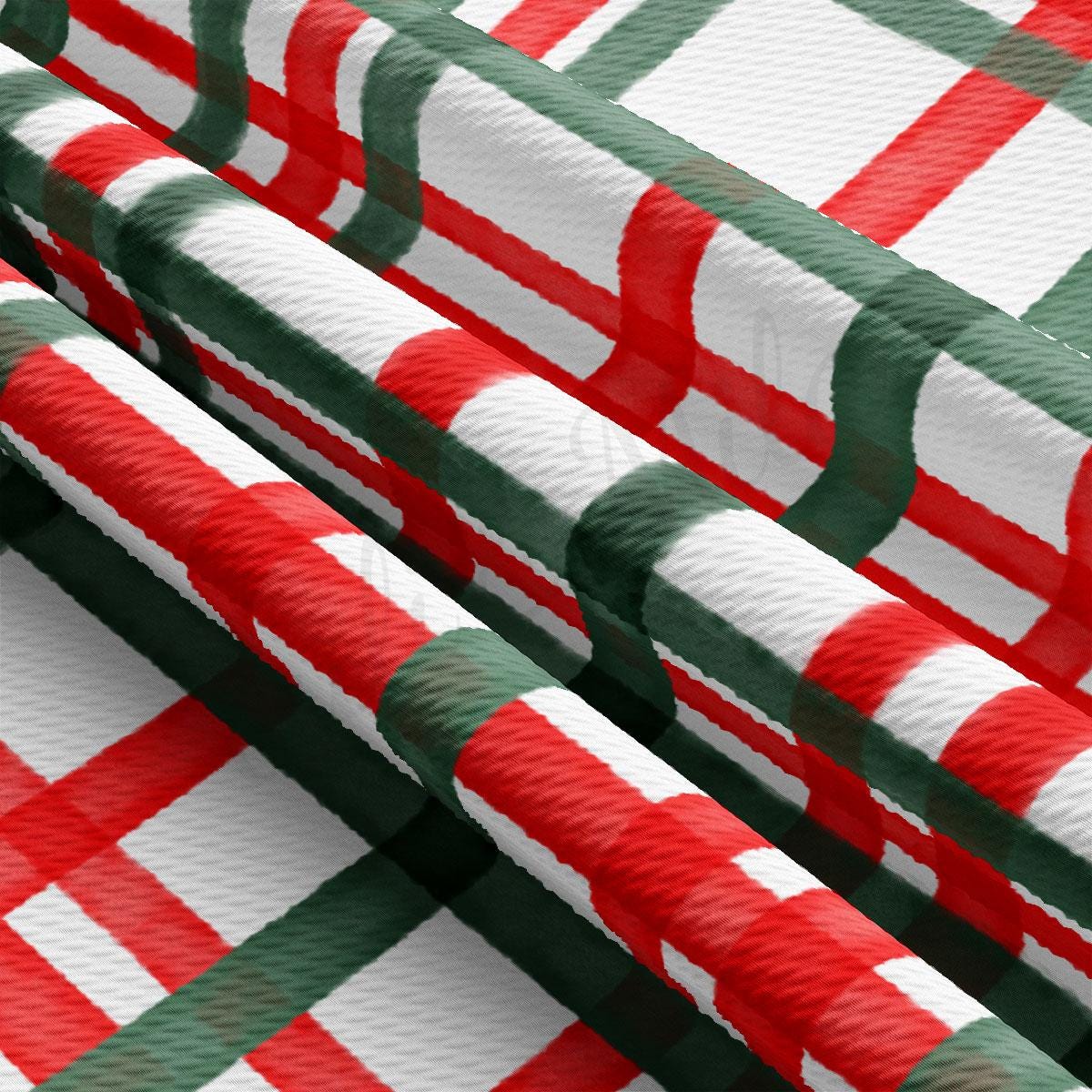 a close-up view of a fabric with a repeating pattern of red and green stripes. The pattern is composed of diagonal stripes, creating a visually striking and textured appearance.