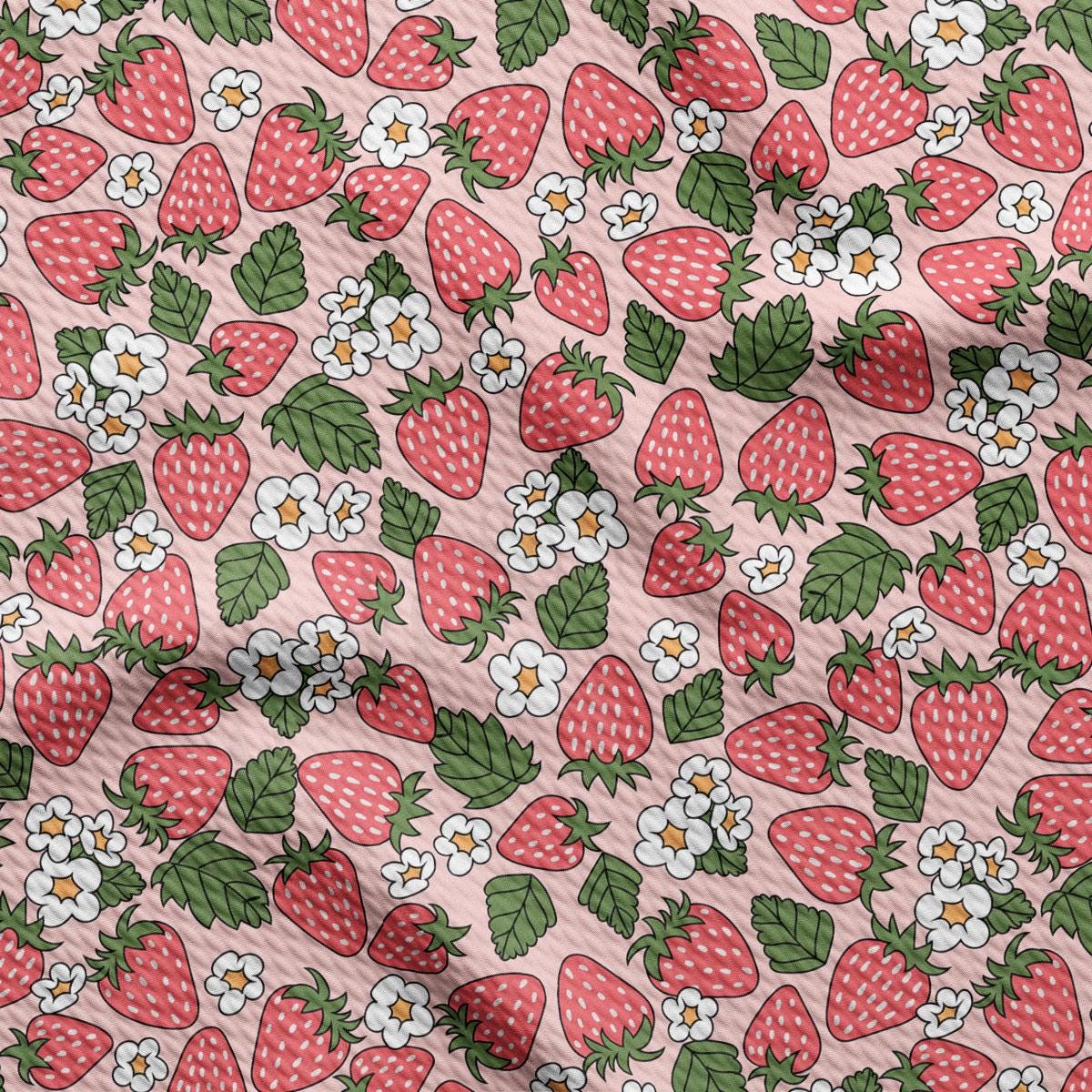 a pattern of strawberries and flowers on a pink background