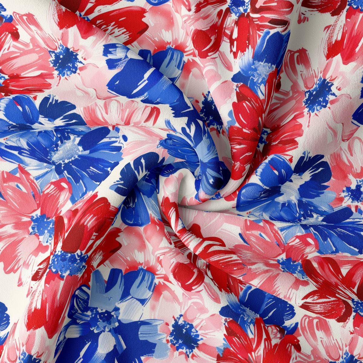 a red, white, and blue floral print fabric