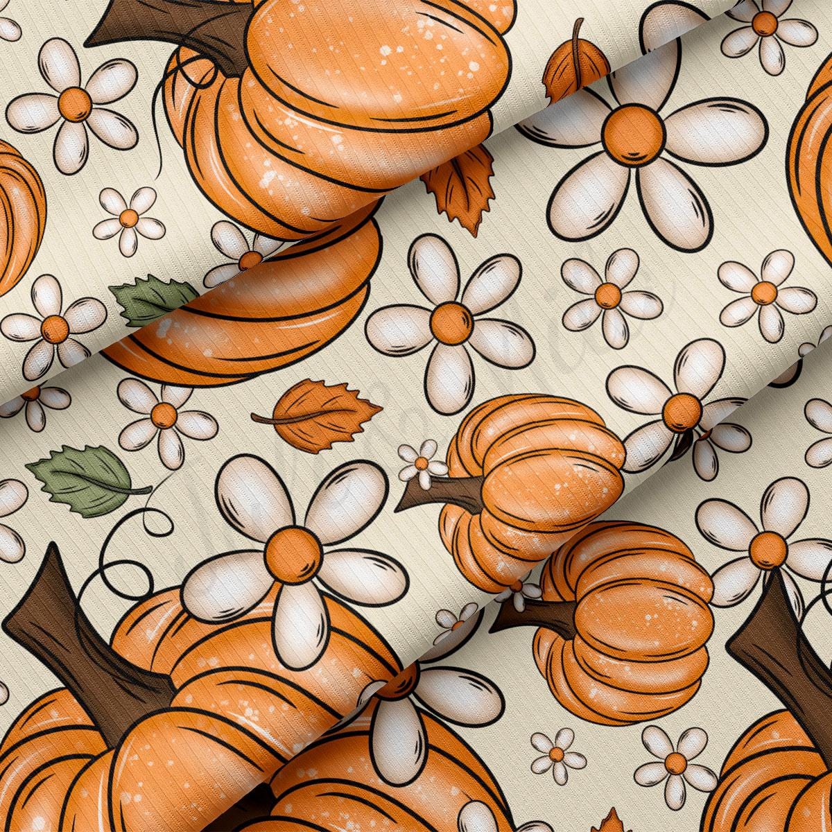 a repeating pattern of orange pumpkins and white flowers on a beige background.
