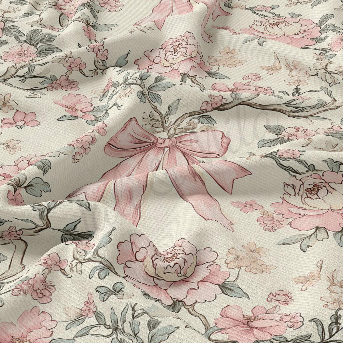 a close-up view of a fabric with a floral pattern, including pink and white flowers, leaves, and a pink bow.