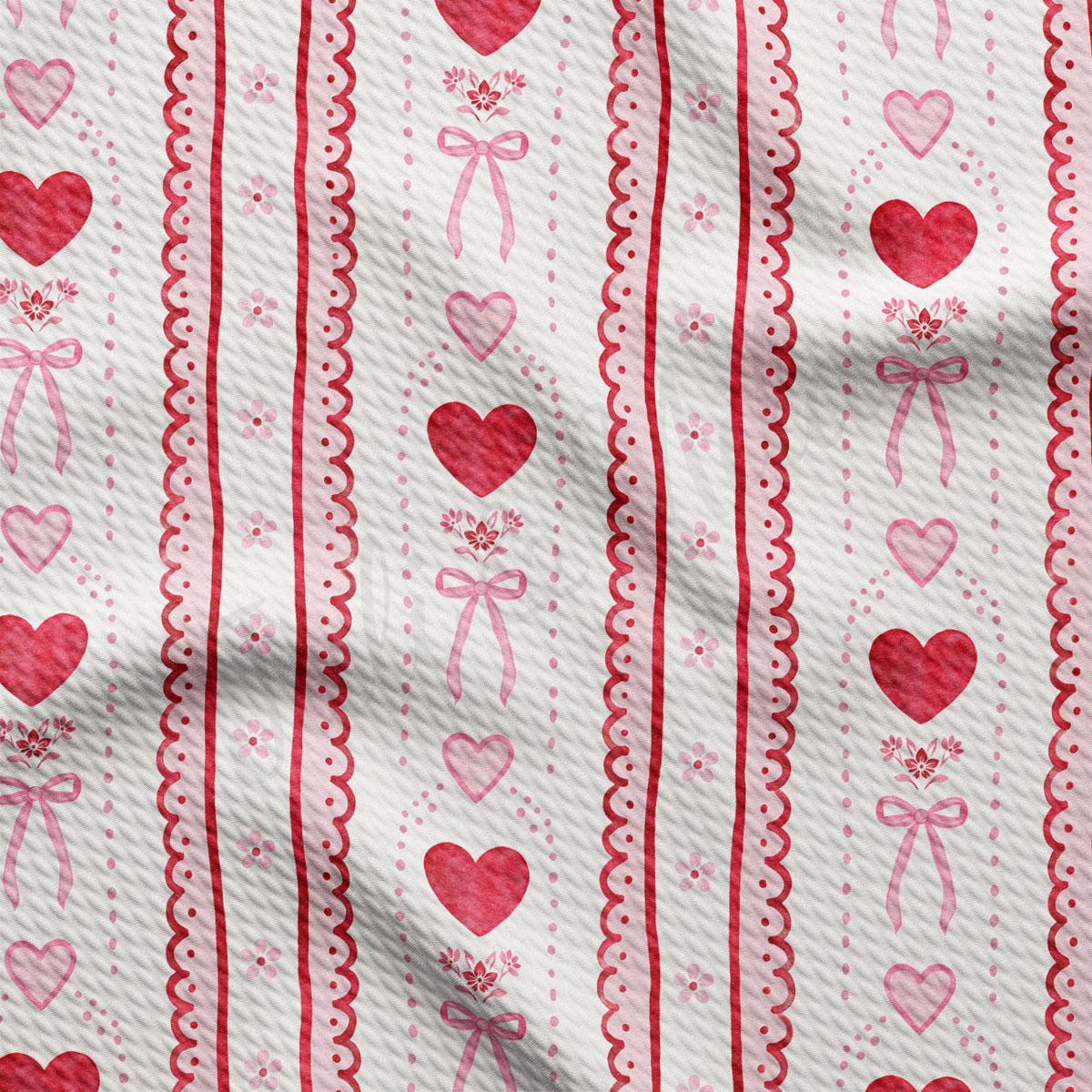 a repeating pattern of red hearts and pink bows on a white background.