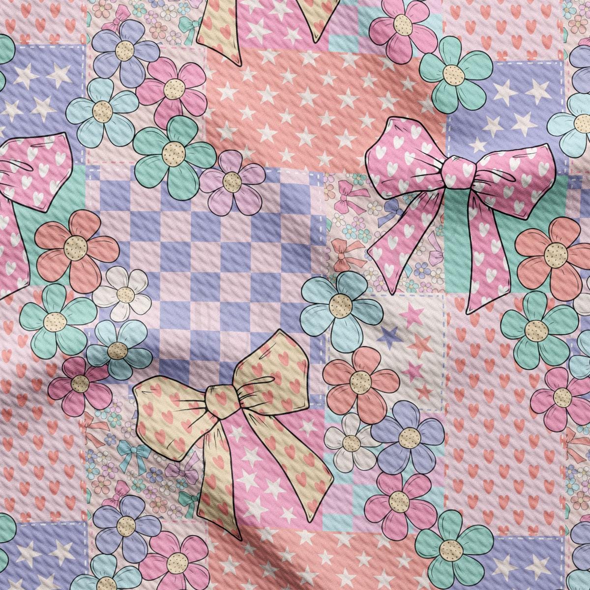 a pink, blue, and green pattern with bows on it